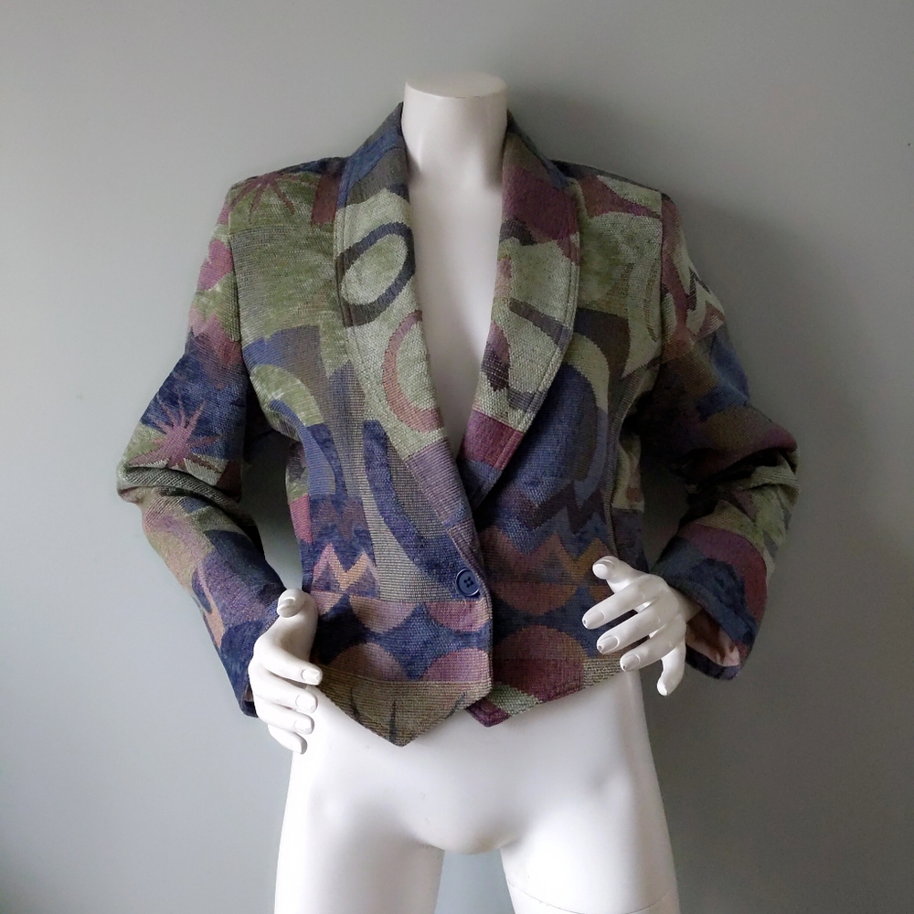 Vtg 90s Chenille Tapestry Pastel Rainbow Brocade Carpet Woven Cropped Blazer M